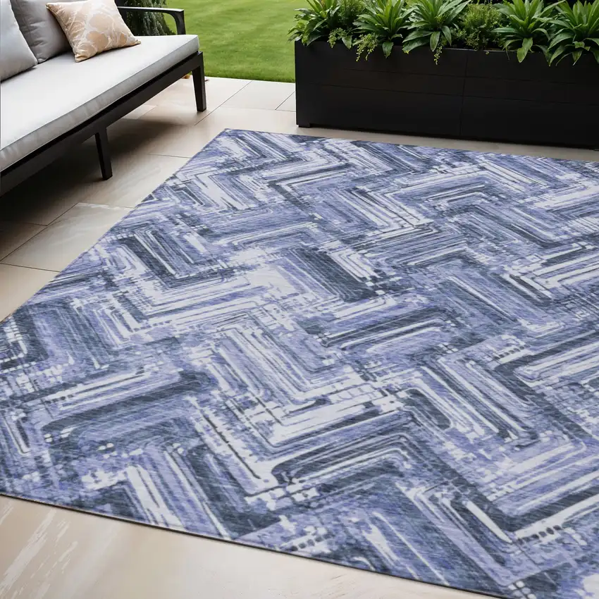 Navy Blue And Sky Blue Geometric Washable Indoor Outdoor Area Rug Photo 1