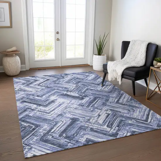 Navy Blue And Sky Blue Geometric Washable Indoor Outdoor Area Rug Photo 7