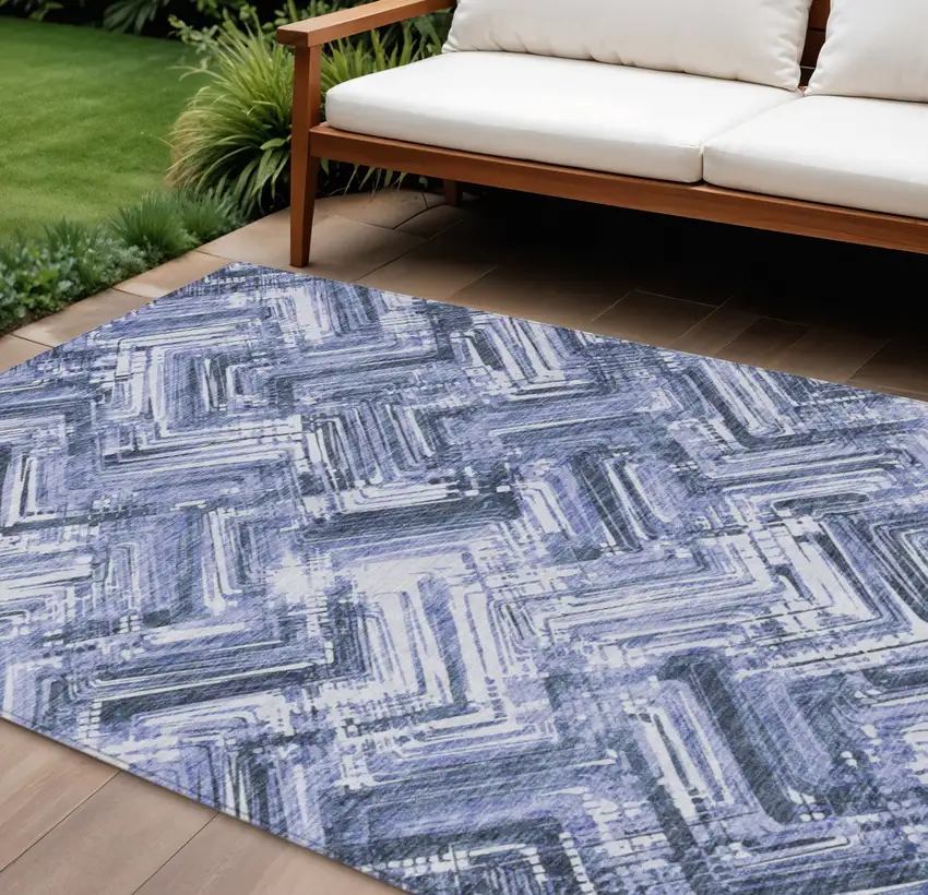 Navy Blue And Sky Blue Geometric Washable Indoor Outdoor Area Rug Photo 1