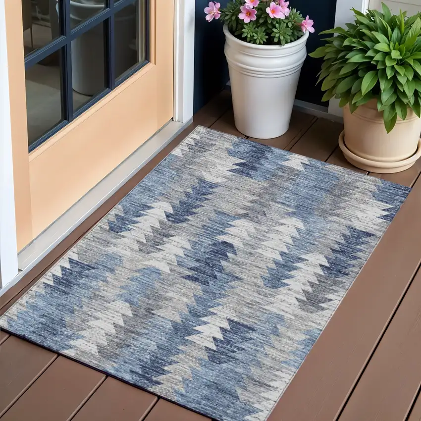 Navy Blue And Sky Blue Geometric Washable Indoor Outdoor Area Rug Photo 2