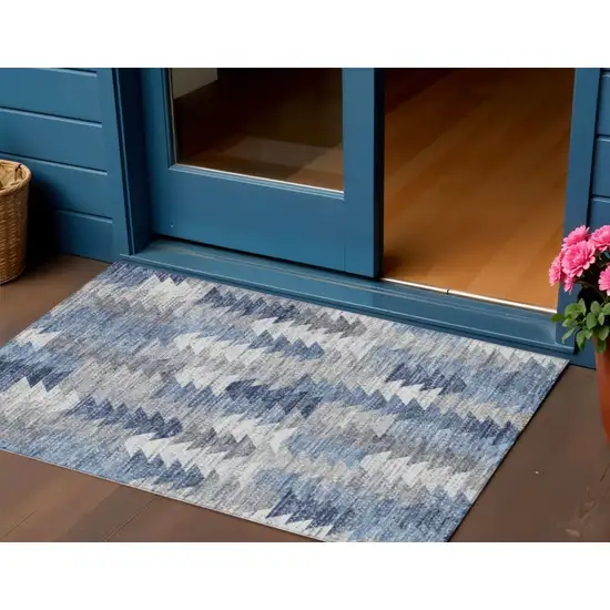 Navy Blue And Sky Blue Geometric Washable Indoor Outdoor Area Rug Photo 1