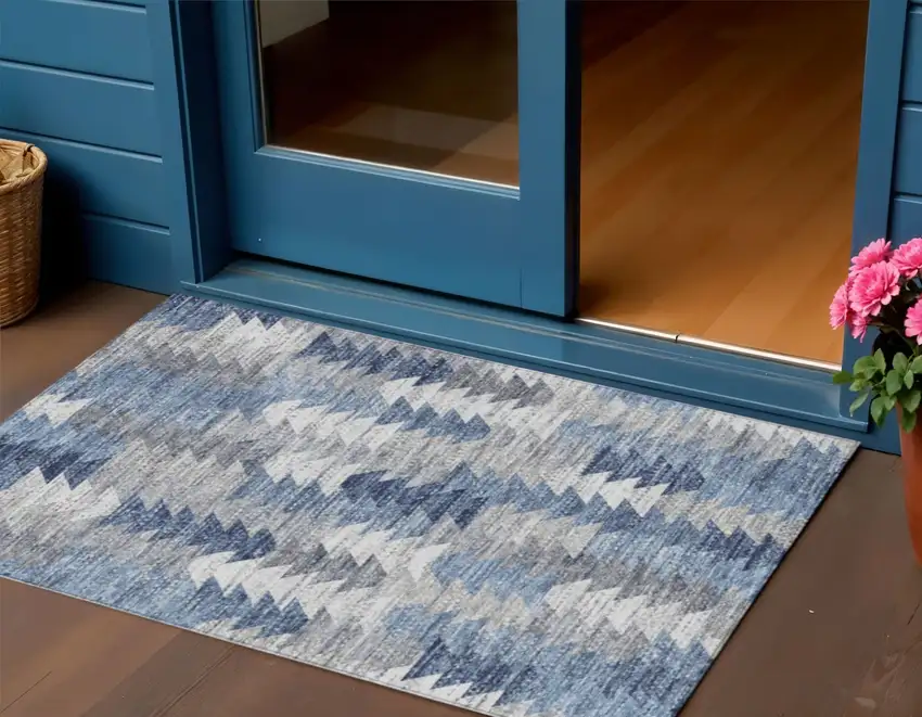Navy Blue And Sky Blue Geometric Washable Indoor Outdoor Area Rug Photo 1