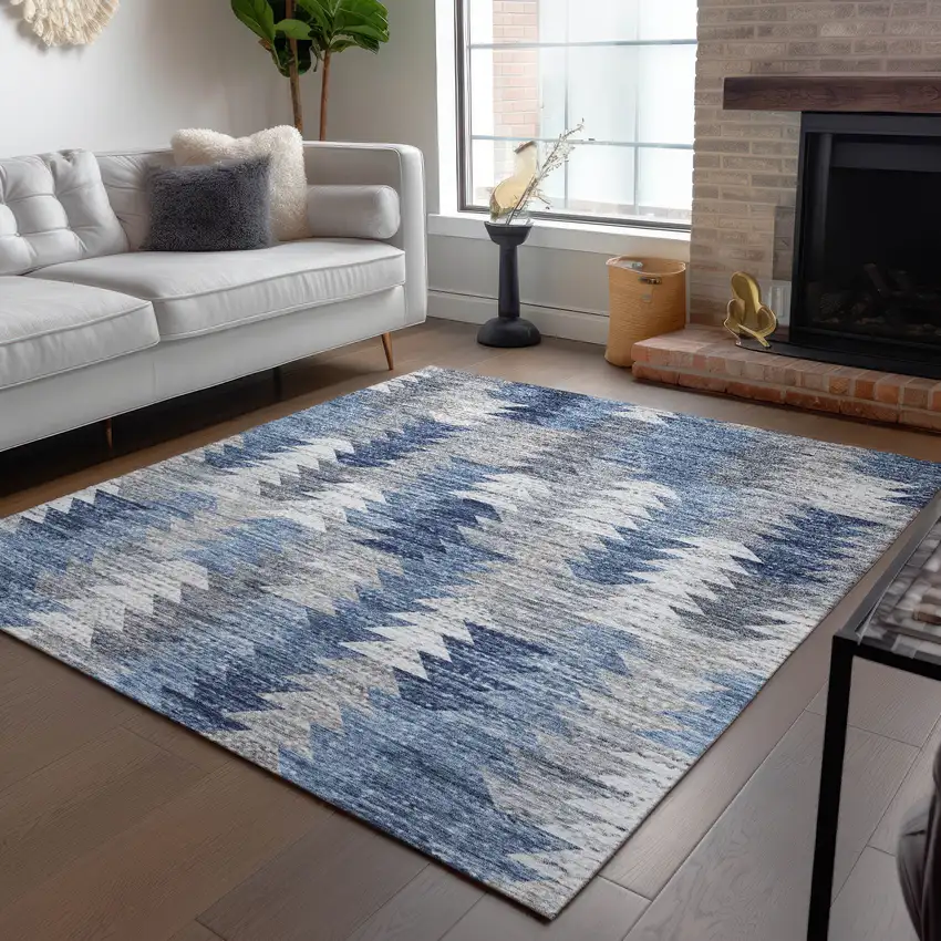 Navy Blue And Sky Blue Geometric Washable Indoor Outdoor Area Rug Photo 8