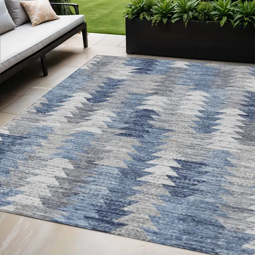 Navy Blue And Sky Blue Geometric Washable Indoor Outdoor Area Rug Photo 1
