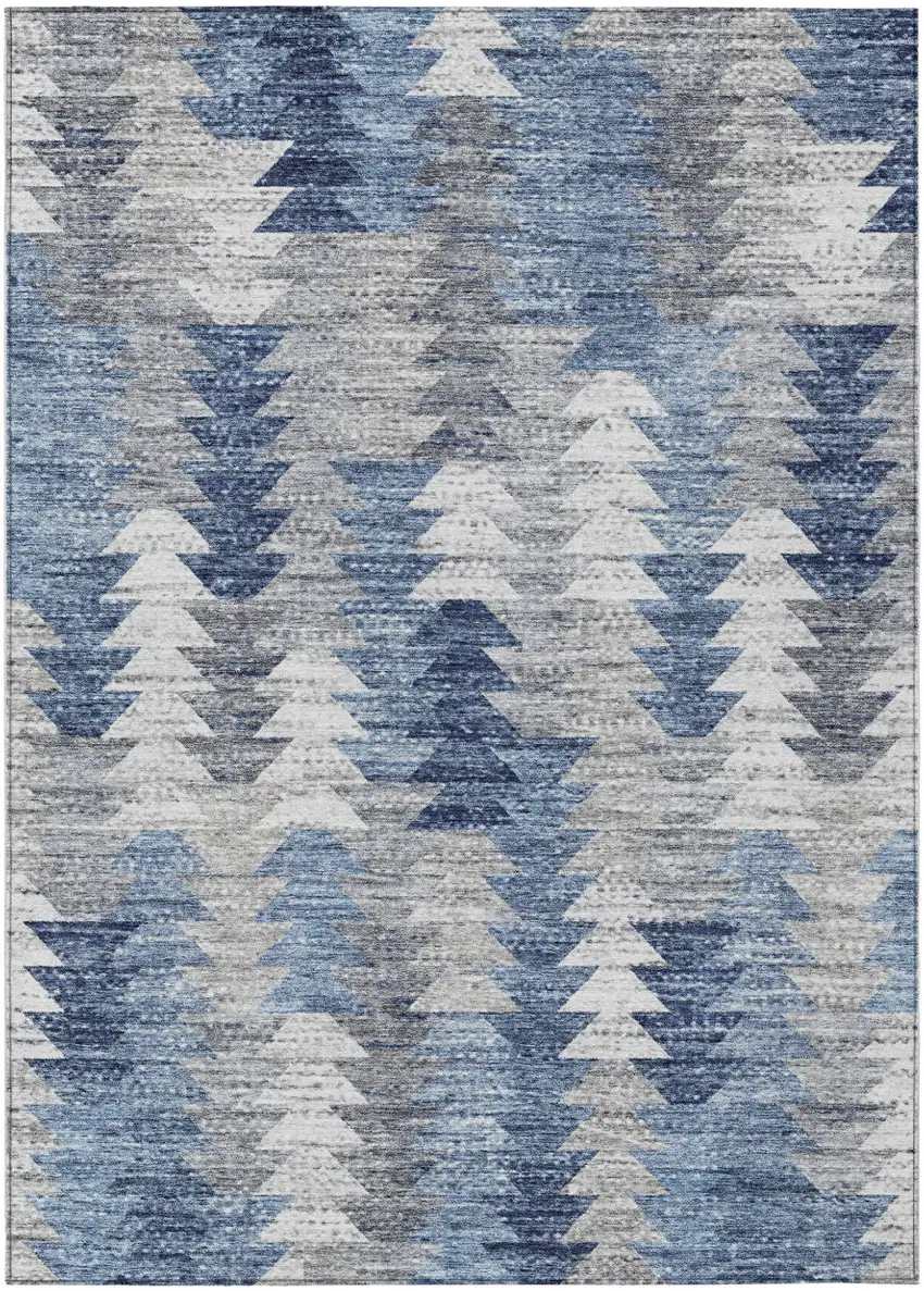 Navy Blue And Sky Blue Geometric Washable Indoor Outdoor Area Rug Photo 1