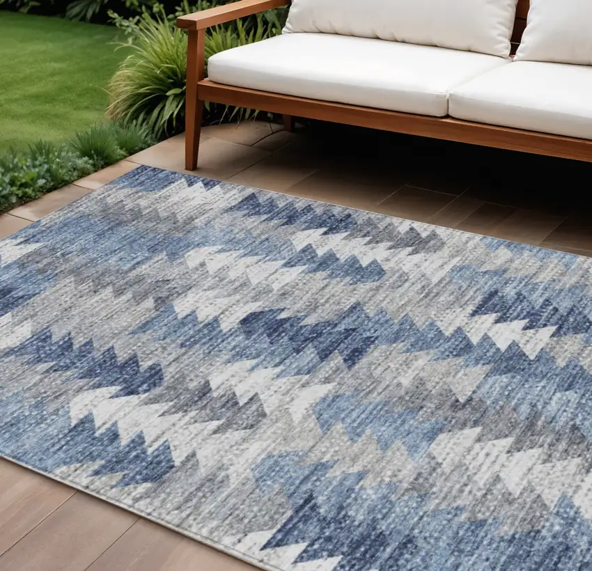 Navy Blue And Sky Blue Geometric Washable Indoor Outdoor Area Rug Photo 1