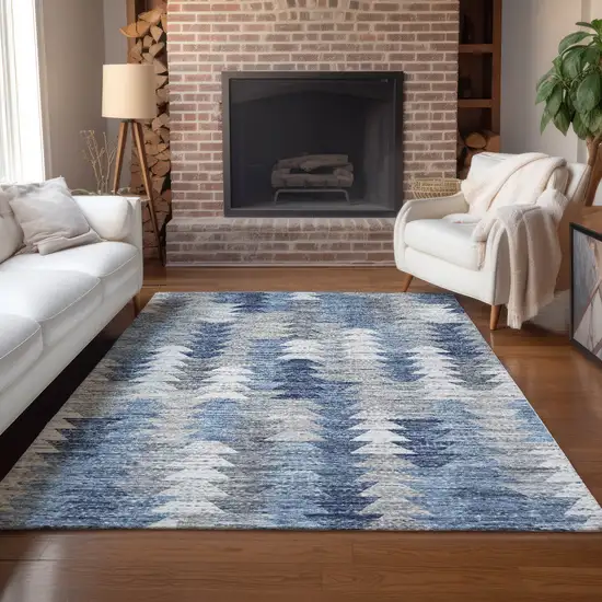 Navy Blue And Sky Blue Geometric Washable Indoor Outdoor Area Rug Photo 7