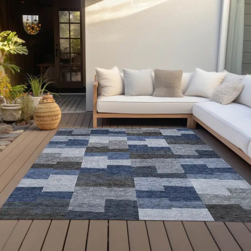 Navy Blue And Sky Blue Geometric Washable Indoor Outdoor Area Rug Photo 7
