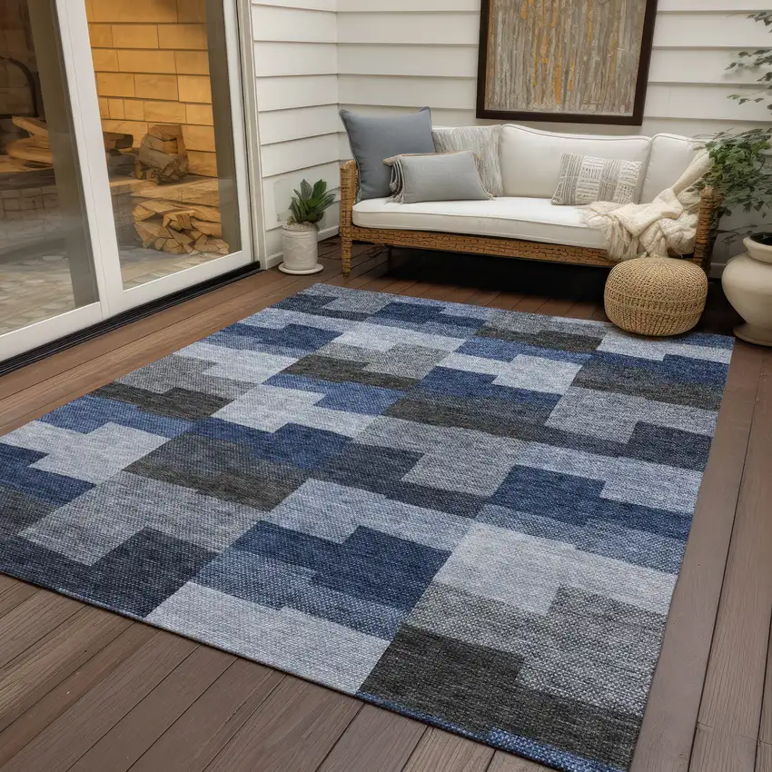 Navy Blue And Sky Blue Geometric Washable Indoor Outdoor Area Rug Photo 9