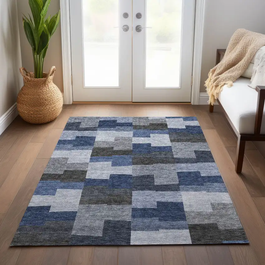 Navy Blue And Sky Blue Geometric Washable Indoor Outdoor Area Rug Photo 9
