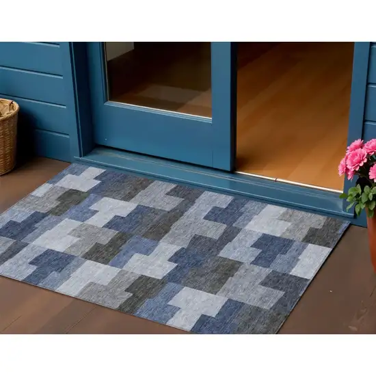 Navy Blue And Sky Blue Geometric Washable Indoor Outdoor Area Rug Photo 1
