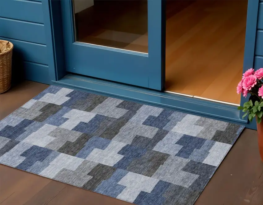 Navy Blue And Sky Blue Geometric Washable Indoor Outdoor Area Rug Photo 1