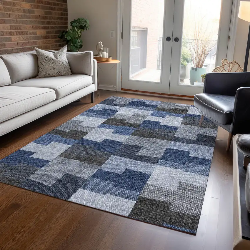Navy Blue And Sky Blue Geometric Washable Indoor Outdoor Area Rug Photo 7
