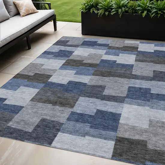 Navy Blue And Sky Blue Geometric Washable Indoor Outdoor Area Rug Photo 1