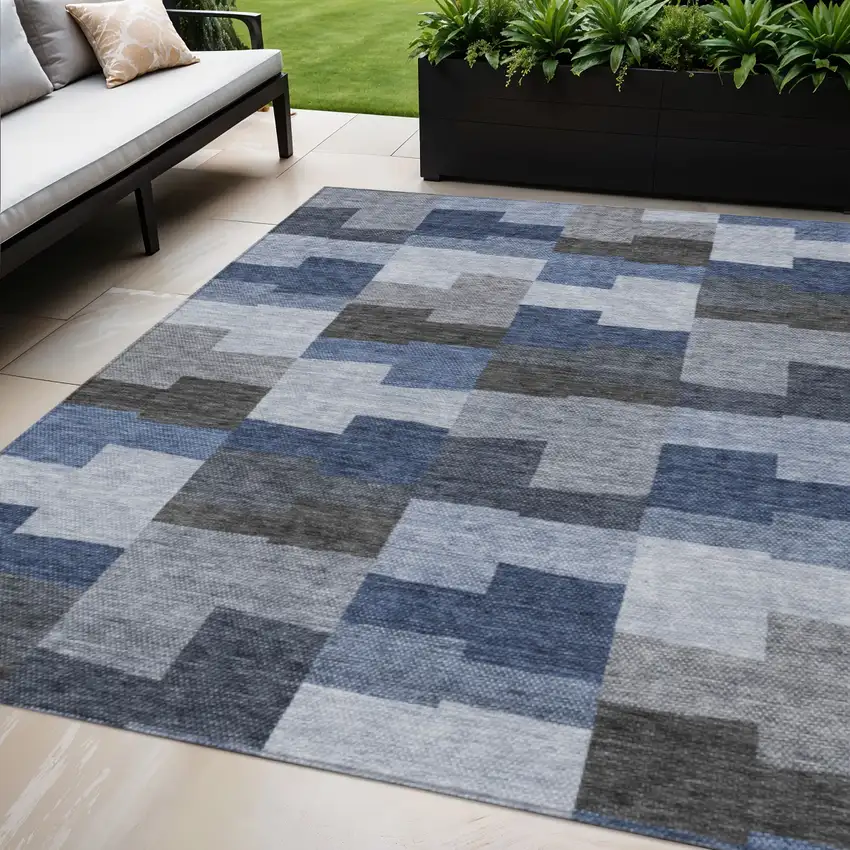 Navy Blue And Sky Blue Geometric Washable Indoor Outdoor Area Rug Photo 1