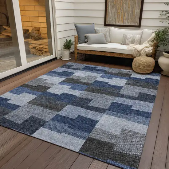 Navy Blue And Sky Blue Geometric Washable Indoor Outdoor Area Rug Photo 9