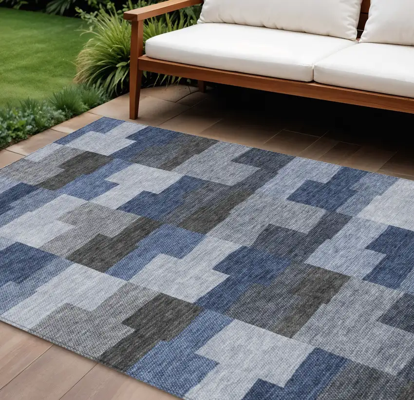 Navy Blue And Sky Blue Geometric Washable Indoor Outdoor Area Rug Photo 1