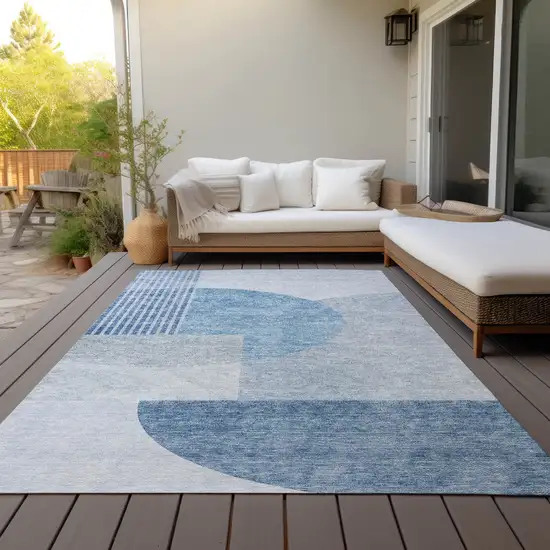 Navy Blue And Sky Blue Geometric Washable Indoor Outdoor Area Rug Photo 8