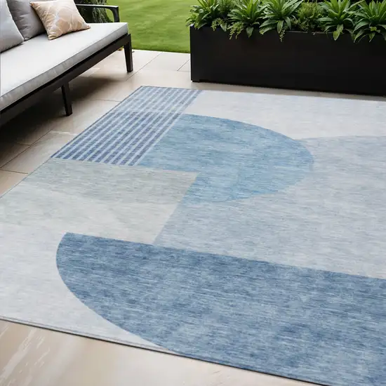 Navy Blue And Sky Blue Geometric Washable Indoor Outdoor Area Rug Photo 1
