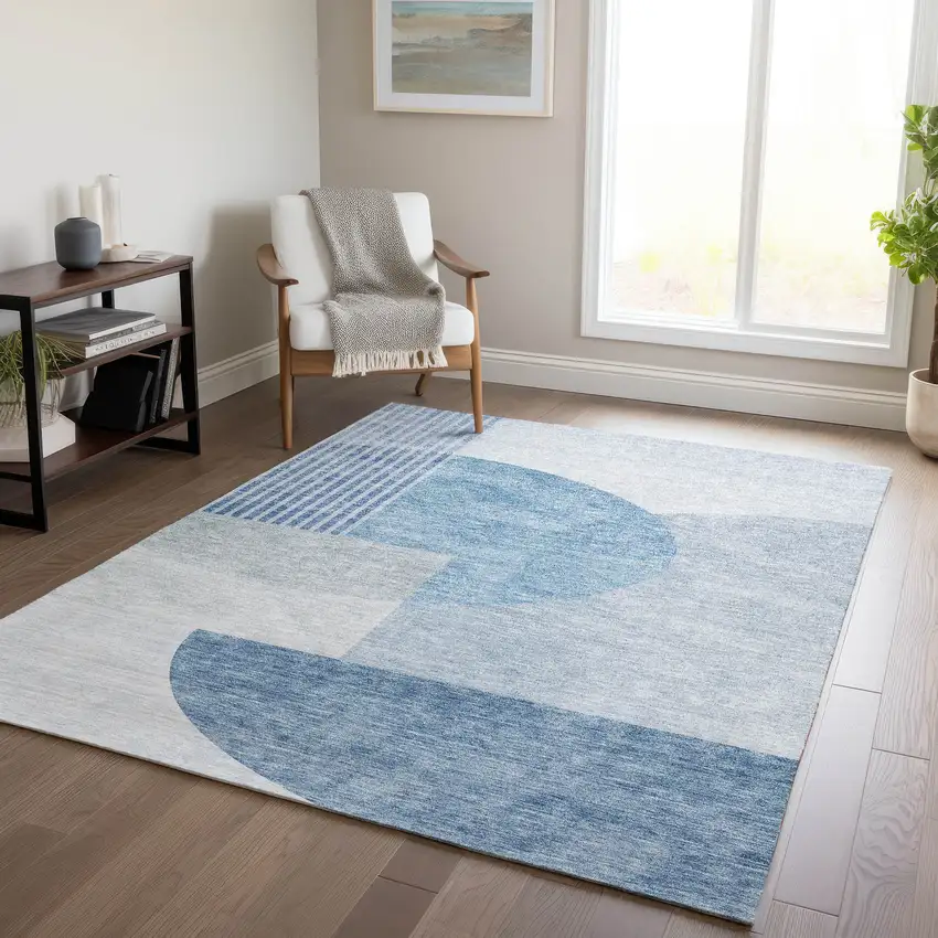 Navy Blue And Sky Blue Geometric Washable Indoor Outdoor Area Rug Photo 9