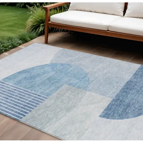 Navy Blue And Sky Blue Geometric Washable Indoor Outdoor Area Rug Photo 1