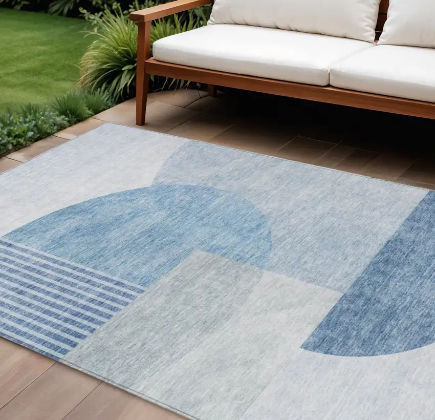Navy Blue And Sky Blue Geometric Washable Indoor Outdoor Area Rug Photo 1