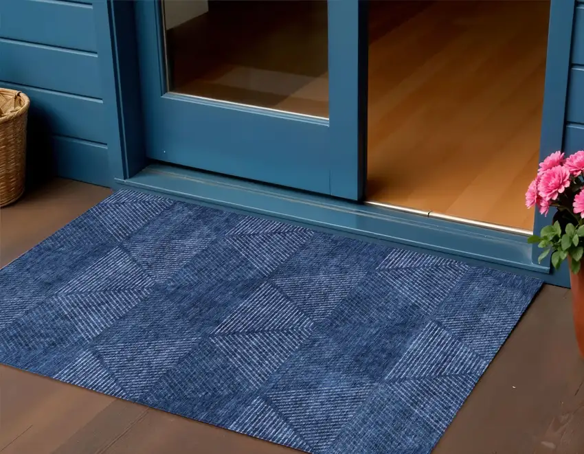 Navy Blue And Sky Blue Geometric Washable Indoor Outdoor Area Rug Photo 1