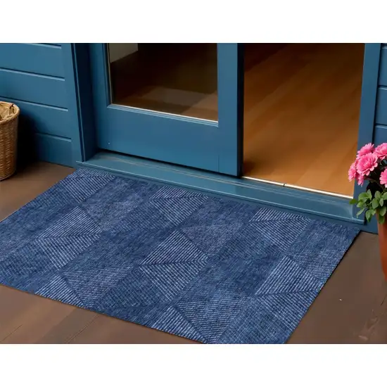 Navy Blue And Sky Blue Geometric Washable Indoor Outdoor Area Rug Photo 1