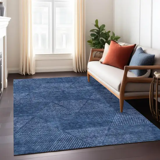 Navy Blue And Sky Blue Geometric Washable Indoor Outdoor Area Rug Photo 9