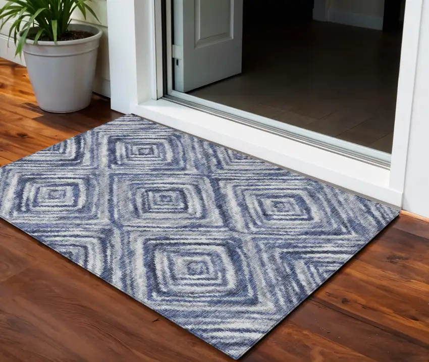 Navy Blue And Sky Blue Geometric Washable Indoor Outdoor Area Rug Photo 1