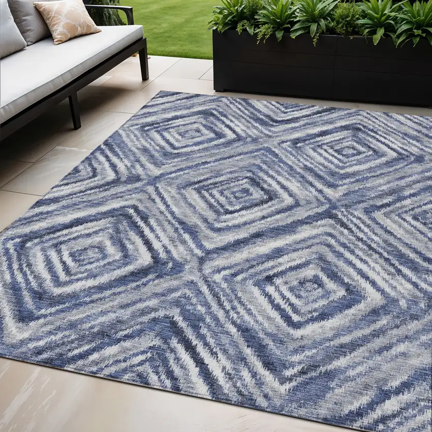 Navy Blue And Sky Blue Geometric Washable Indoor Outdoor Area Rug Photo 1