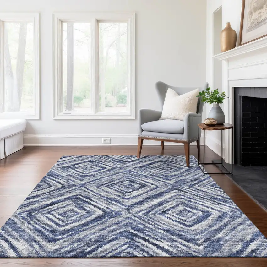 Navy Blue And Sky Blue Geometric Washable Indoor Outdoor Area Rug Photo 8