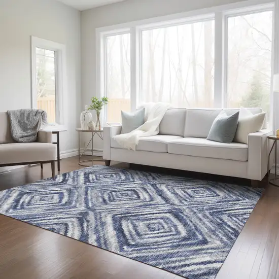 Navy Blue And Sky Blue Geometric Washable Indoor Outdoor Area Rug Photo 9