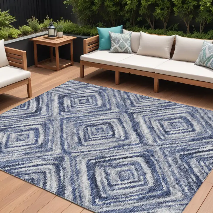 Navy Blue And Sky Blue Geometric Washable Indoor Outdoor Area Rug Photo 1