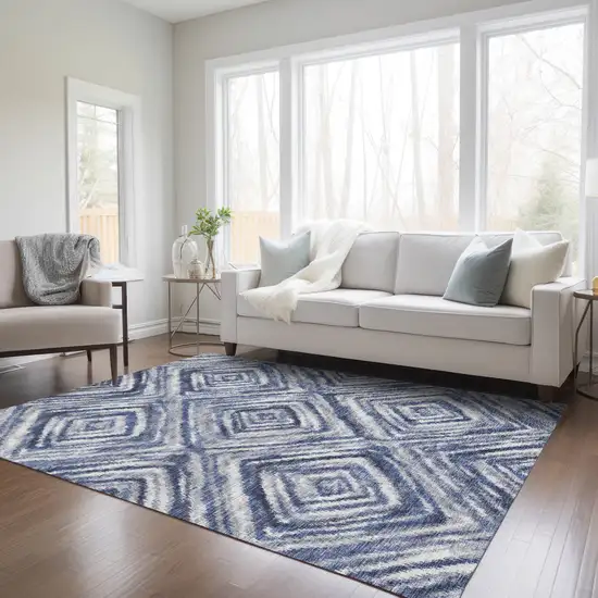 Navy Blue And Sky Blue Geometric Washable Indoor Outdoor Area Rug Photo 9