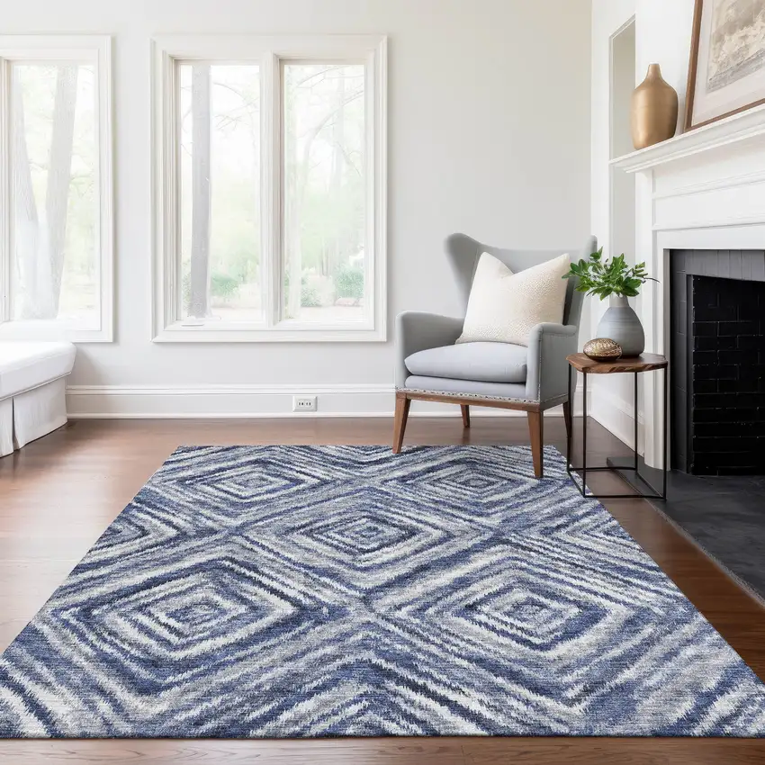Navy Blue And Sky Blue Geometric Washable Indoor Outdoor Area Rug Photo 9