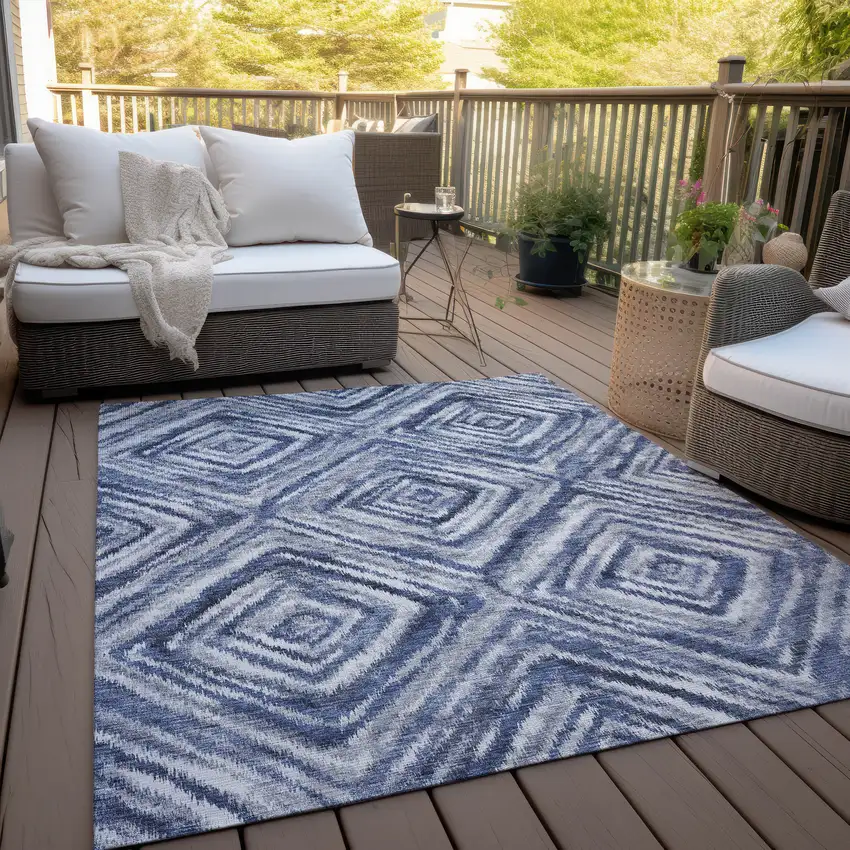 Navy Blue And Sky Blue Geometric Washable Indoor Outdoor Area Rug Photo 8