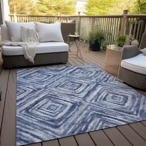 Photo of Navy Blue And Sky Blue Geometric Washable Indoor Outdoor Area Rug