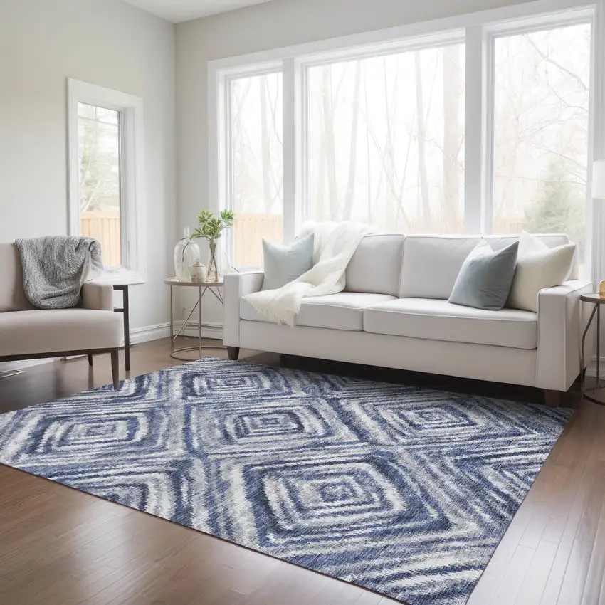 Navy Blue And Sky Blue Geometric Washable Indoor Outdoor Area Rug Photo 9