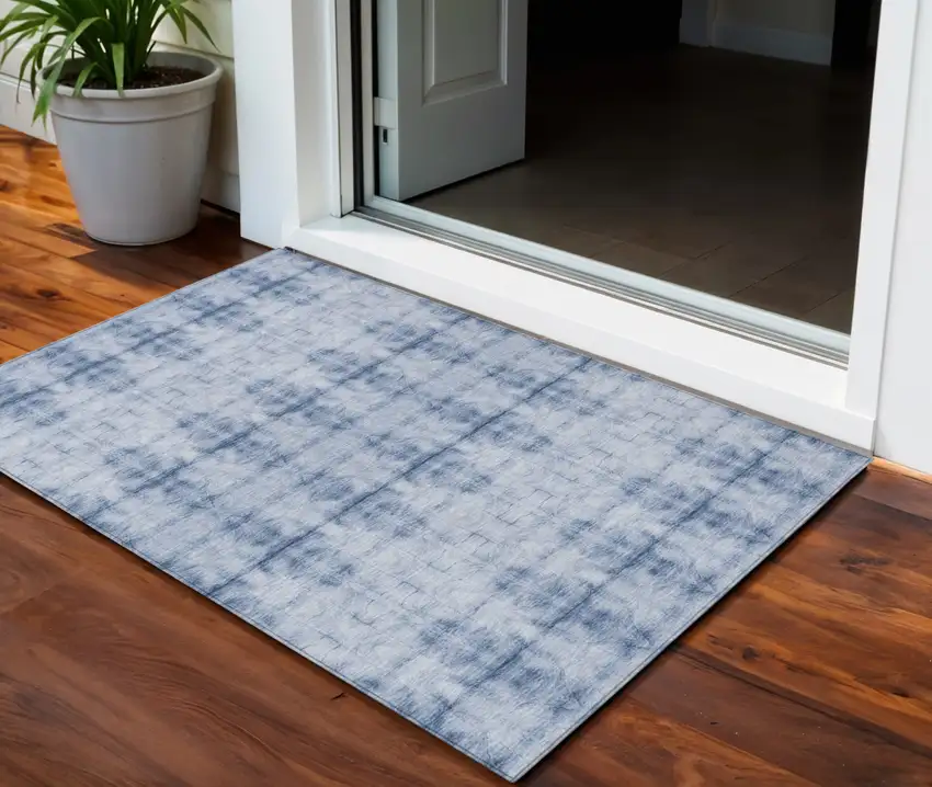 Navy Blue And Sky Blue Geometric Washable Indoor Outdoor Area Rug Photo 1
