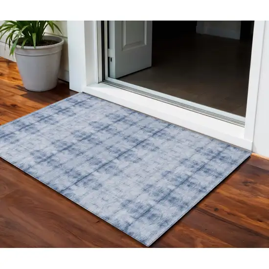 Navy Blue And Sky Blue Geometric Washable Indoor Outdoor Area Rug Photo 1