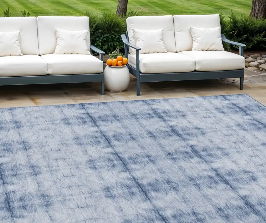 Navy Blue And Sky Blue Geometric Washable Indoor Outdoor Area Rug Photo 1