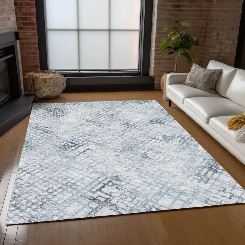 Navy Blue And Sky Blue Geometric Washable Indoor Outdoor Area Rug Photo 9