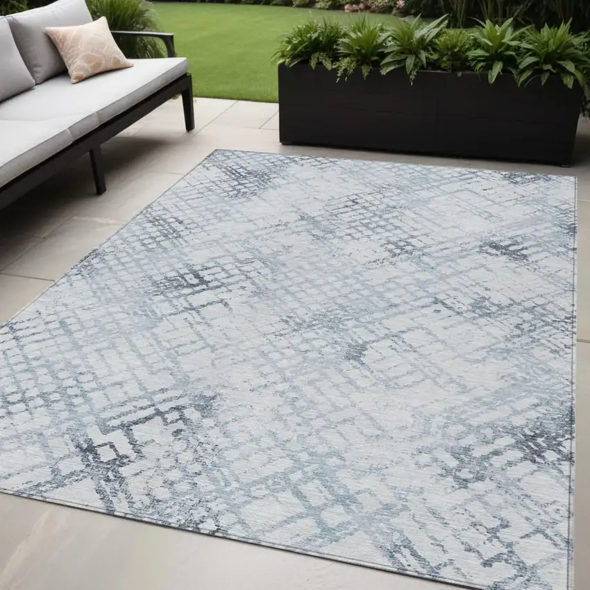 Navy Blue And Sky Blue Geometric Washable Indoor Outdoor Area Rug Photo 1