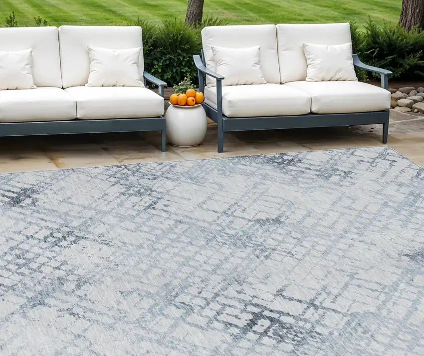 Navy Blue And Sky Blue Geometric Washable Indoor Outdoor Area Rug Photo 1
