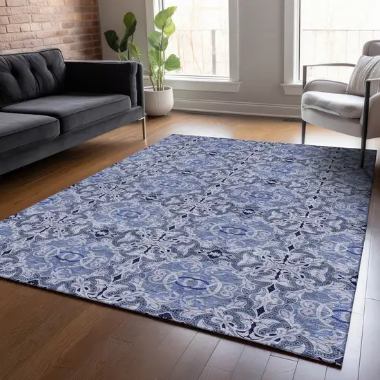 Navy Blue And Sky Blue Medallion Washable Indoor Outdoor Area Rug Photo 9