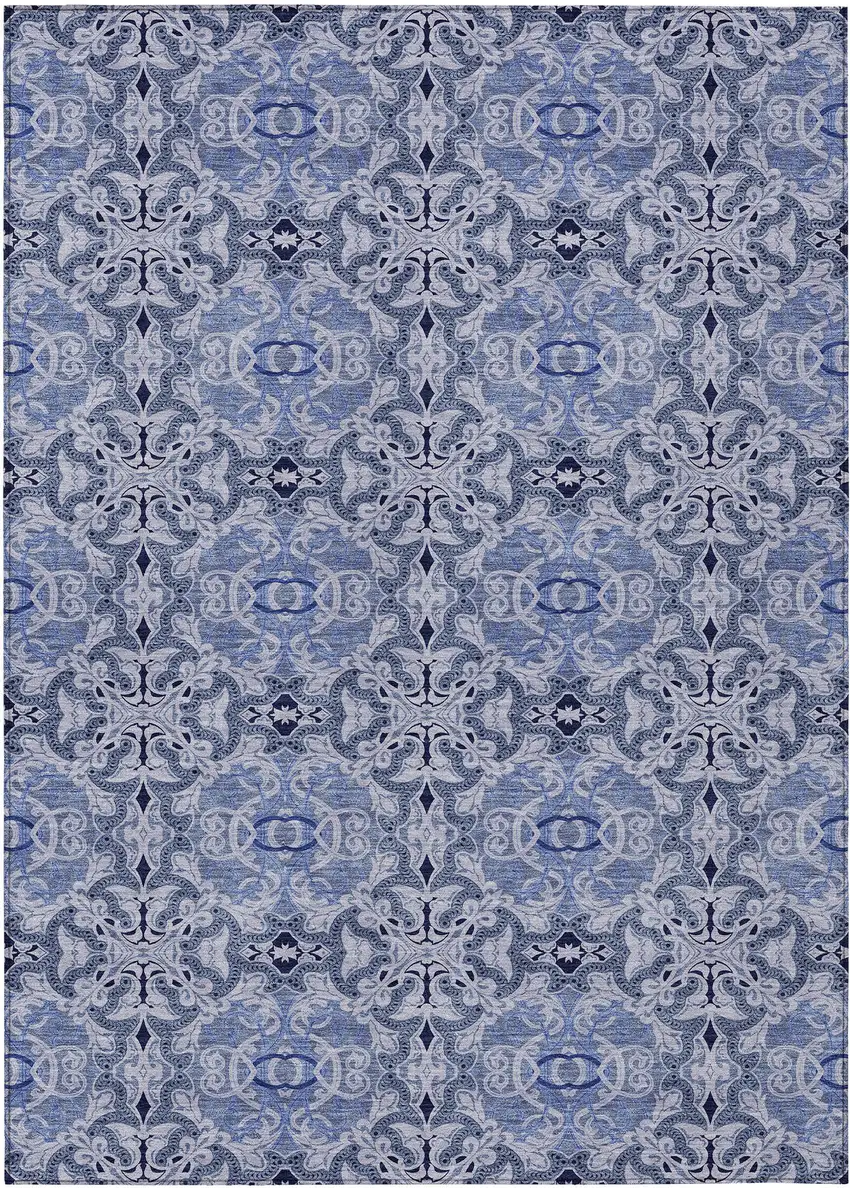 Navy Blue And Sky Blue Medallion Washable Indoor Outdoor Area Rug Photo 2