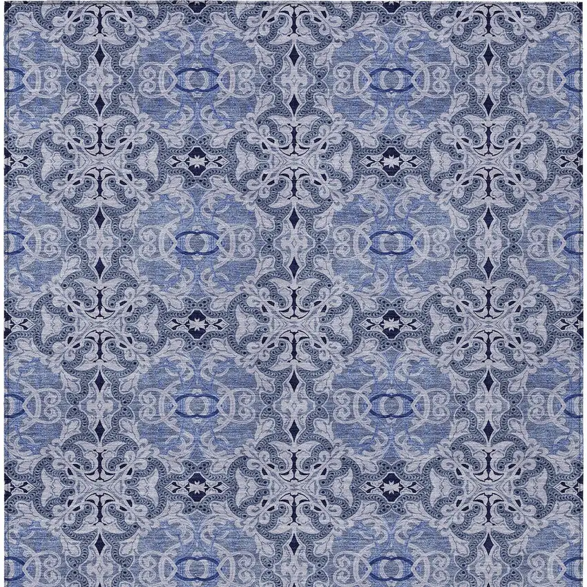 Navy Blue And Sky Blue Medallion Washable Indoor Outdoor Area Rug Photo 7
