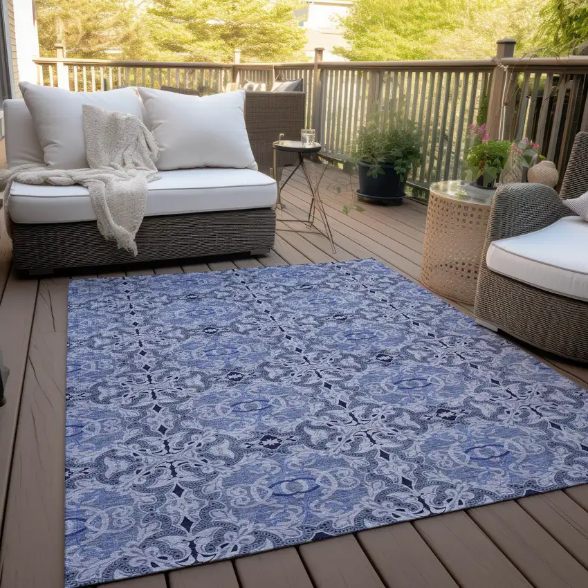 Navy Blue And Sky Blue Medallion Washable Indoor Outdoor Area Rug Photo 8