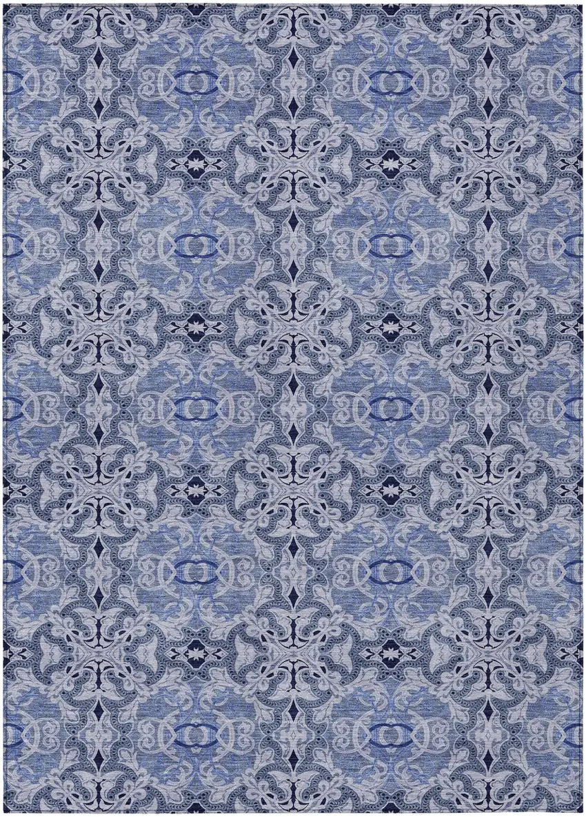 Navy Blue And Sky Blue Medallion Washable Indoor Outdoor Area Rug Photo 2